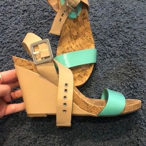 BCBG nude, teal and cork WEDGES